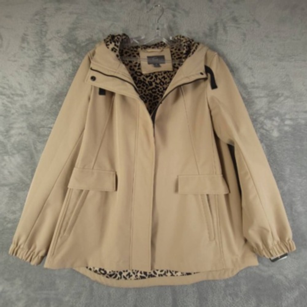 Gallery Jacket Womens M Softshell Beige Full Zip Snap Hooded Lined Stretch New